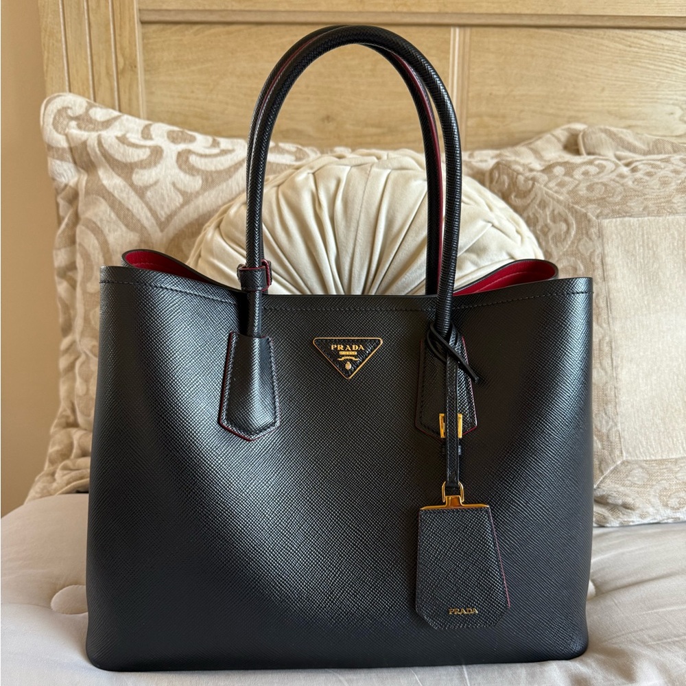 Prada Saffiano Double Bag Black Red Nero/Fucoco Interior Gold w/ Original Box